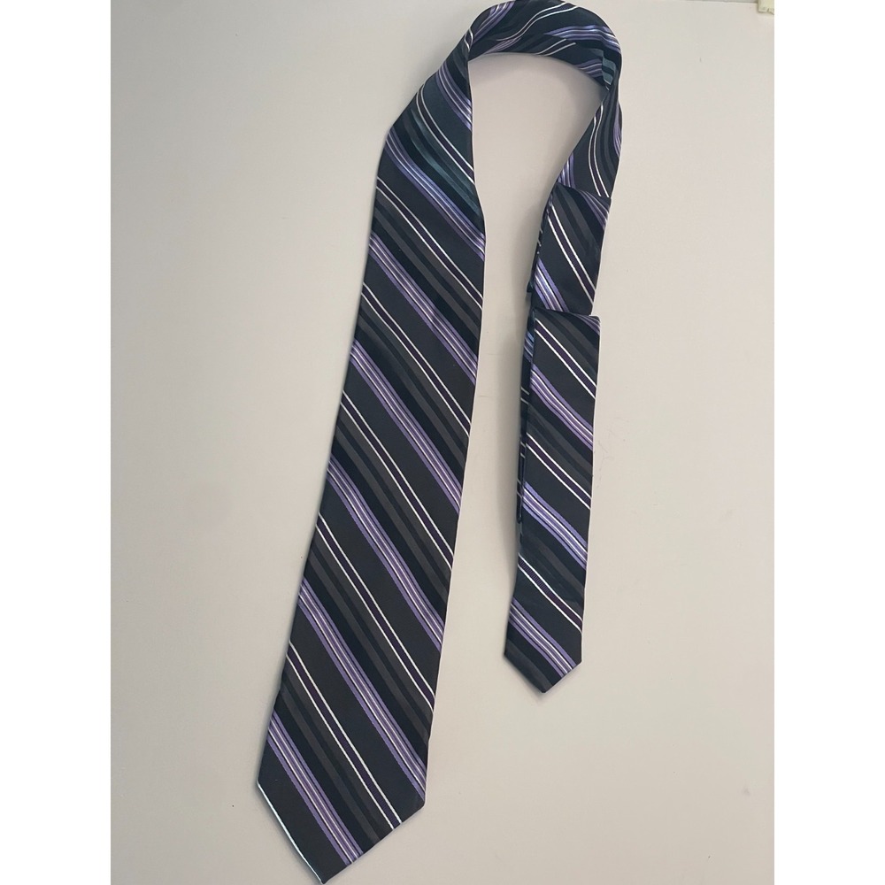 Croft & Barrow 100% Silk Black w/ Purple & White Stipes Men's‎ Neck Tie - Picture 4 of 6